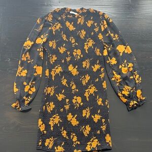 Navy Floral Ruched Long Sleeve Dress